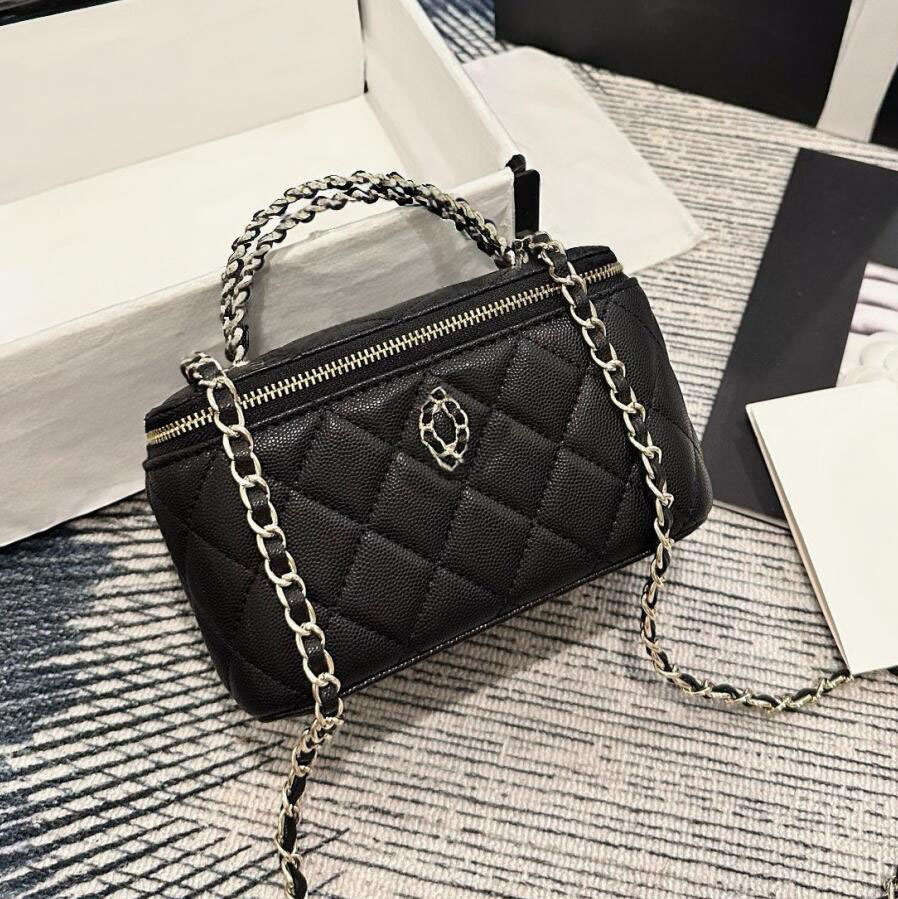 mirror quality luxury designer bag quilted caviar leather mini box metal chain makeup case women shoulder bag crossbody purse