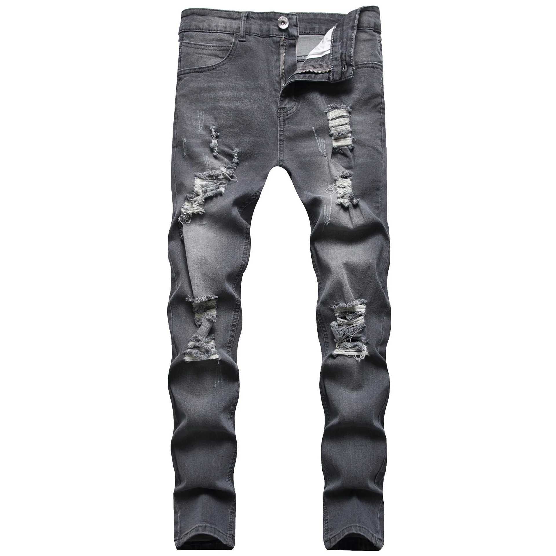 New European and American style men's black-gray hole grinding white slim jeans feet pants. S2609246I34