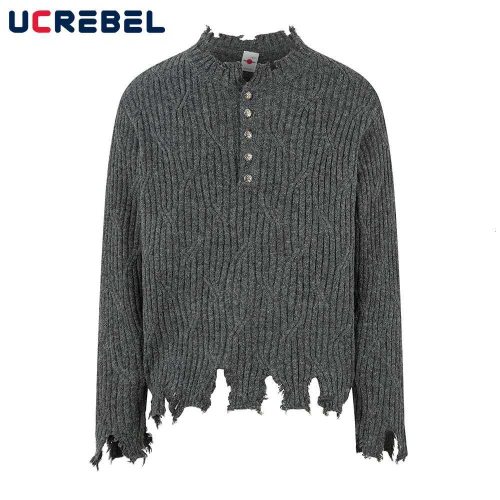 Ripped Men's Sweaters Sweater Mens Button Decoration High Street Retro Autumn Loose Long Sleeve Knitted Pullover Man C260923