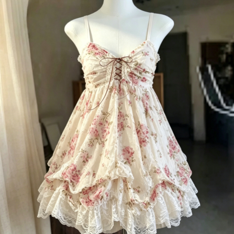 2026 Woman Japanese Sweet Lace Flower Y2k Aesthetic Bandage Grunge Dresses Harajuku Sleeveless Patchwork Vintage Dress Chic