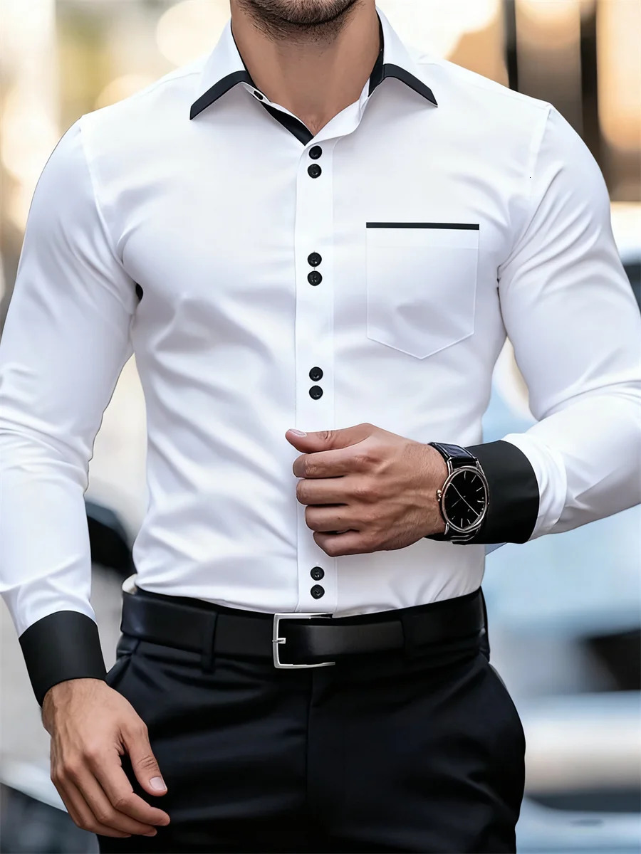 Men's Business Color Block Collar Long Sleeve Shirt Slim Fit Wrinkle-Free Black and White Patchwork Shirt Men's Fashion Top 260922