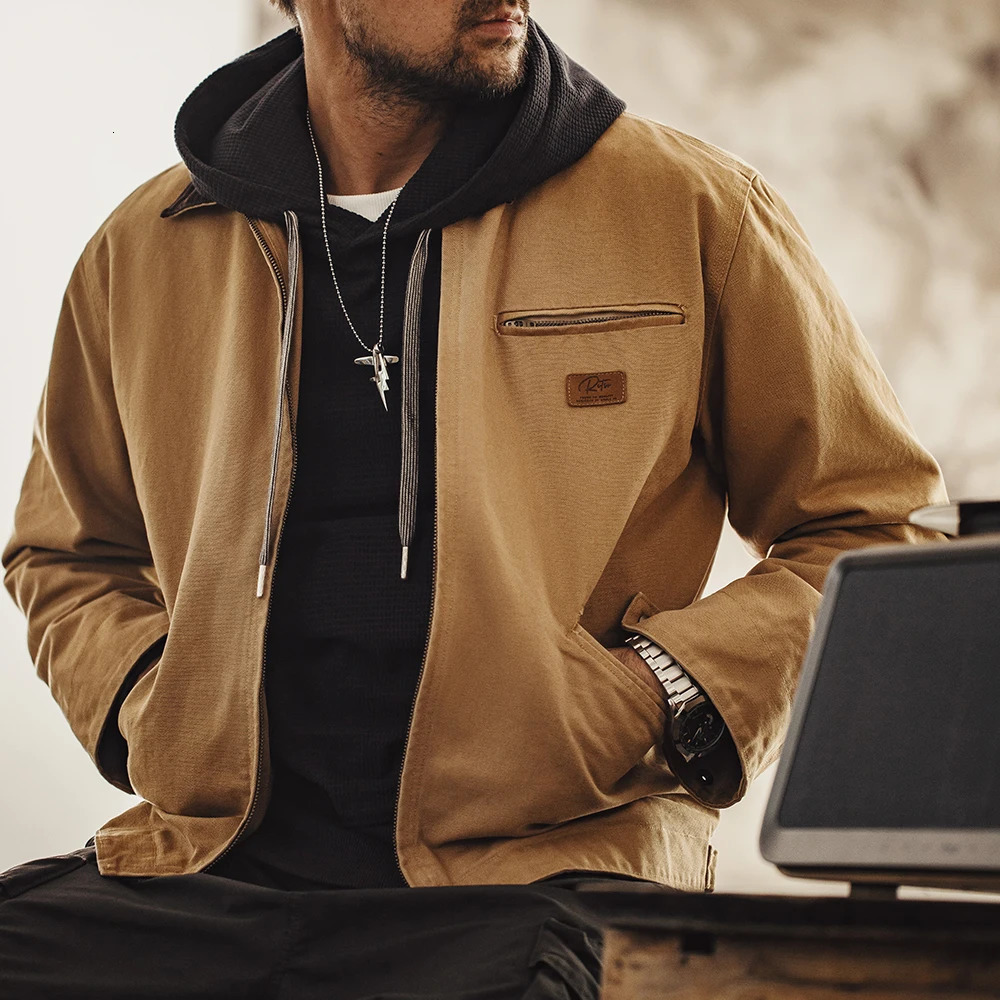 Maden Men's Retro J001 Detroit Jacket Heavyweight Canvas Hunting Coat Lapel Collar Work Jackets with Zipper for Spring Fall 260920