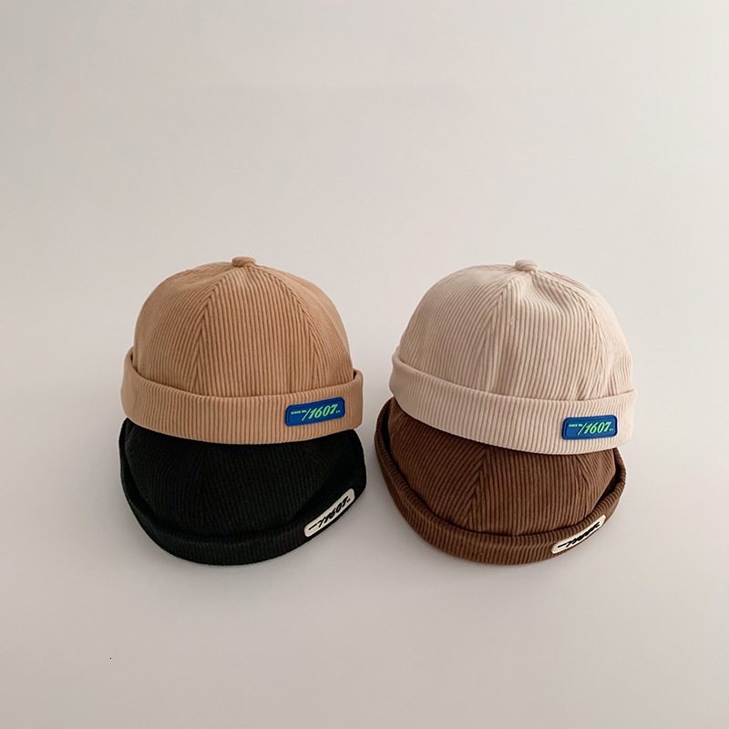Retro Baby Docker Cap Autumn Spring Corduroy Beanie Hat for Kids Boy Girl Solid Color Letter Brimless Hats