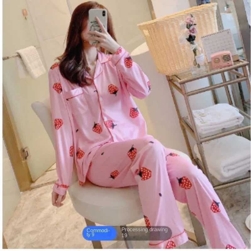 Women's Sleep Lounge women's pajamas set cardigan printed long-sleeved trousers homewear two-piece blue strawberry pattern college student