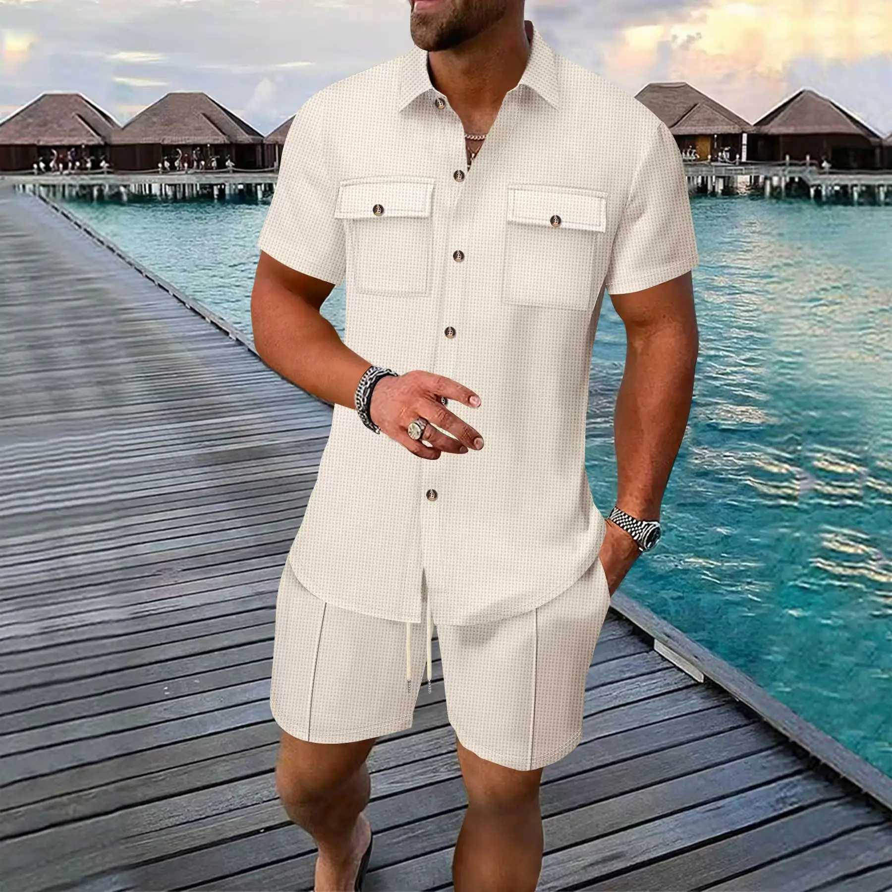 Summer Men's Solid-Color Casual Waffle Shirt/Shorts Set with Pocket Short Sleeve European American Style 2-Piece Men's Outfit T260924
