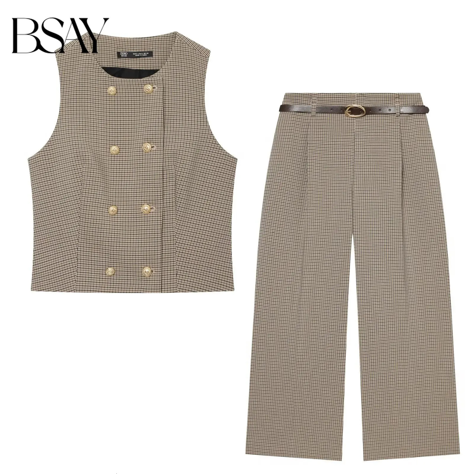 BSAY Vintage Office Women Check Plaid Double Breasted Cropped Waistcoat High Waist Wide Leg Trousers With Belt Work Suit 260923