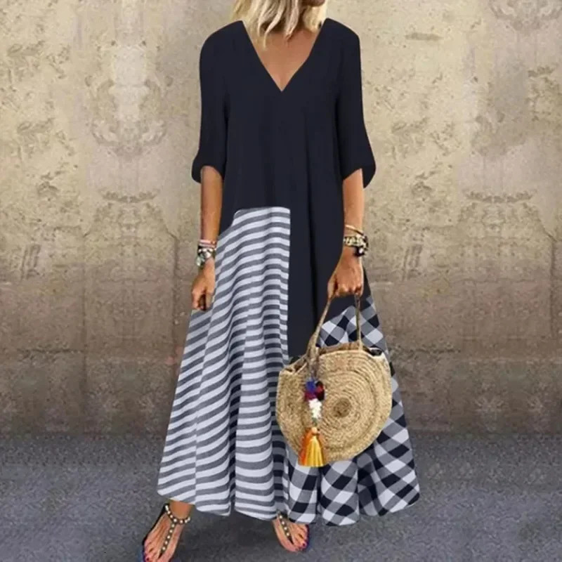 Women's S-5XL size Classic striped shirt dress casual and elegant V-neck short sleeved plain printed dress long casual dress 260922