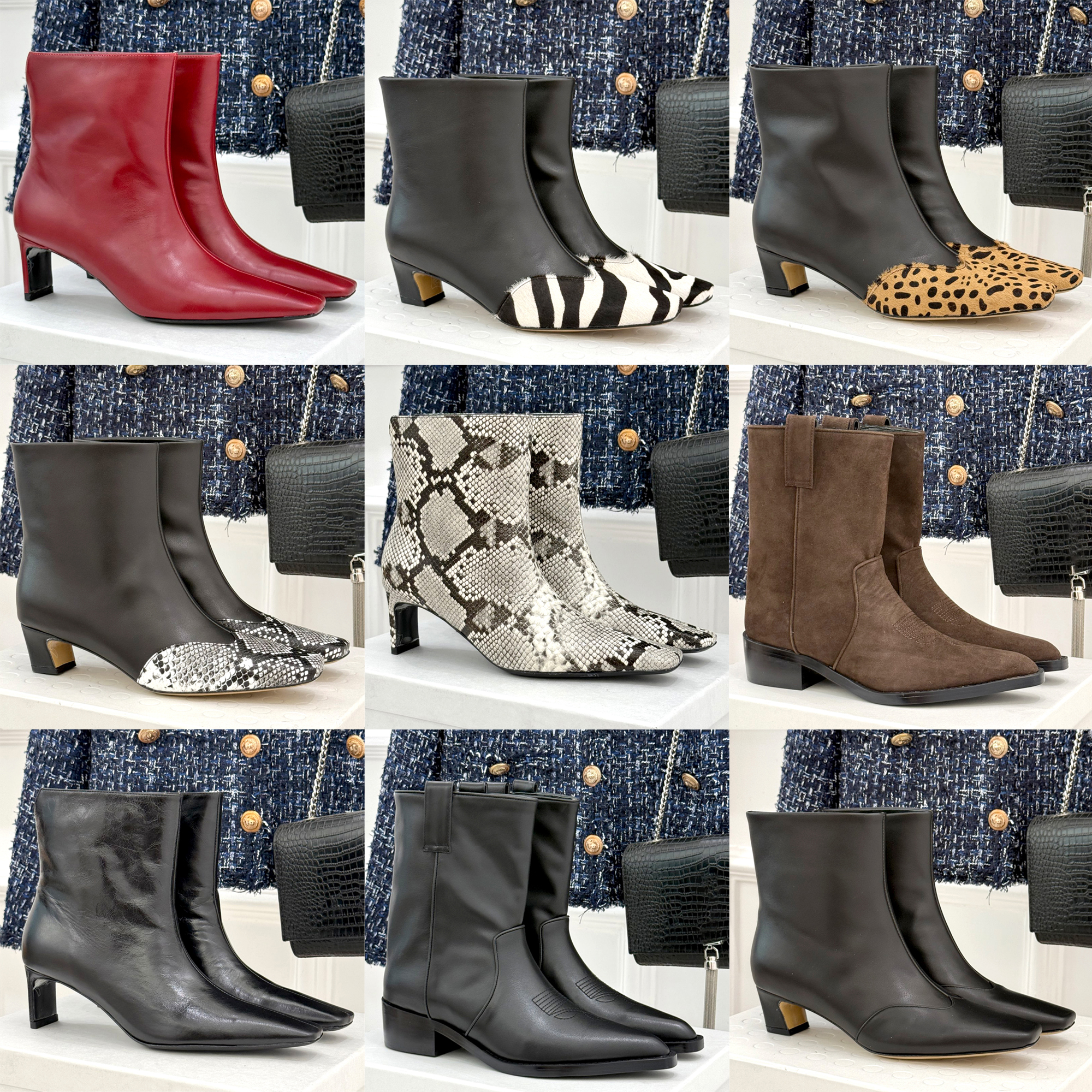 Top quality Khaite Womens Ankle Boots Square Toe chunky heels Snake Zebra Leopard Leather Booties Fashion Dress shoe luxurys Designer boot Side Zipp