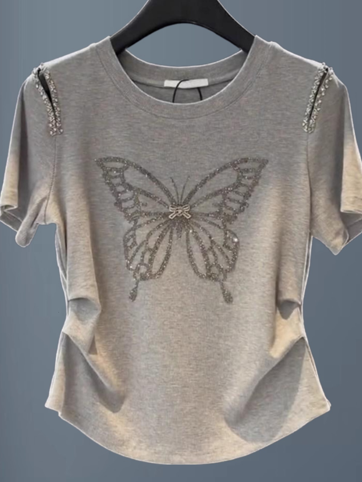 Summer New plus Size Grey Shoulder Bared Short Sleeve T Shirt Women's Embellished Pleated Design Slimming Top Tee