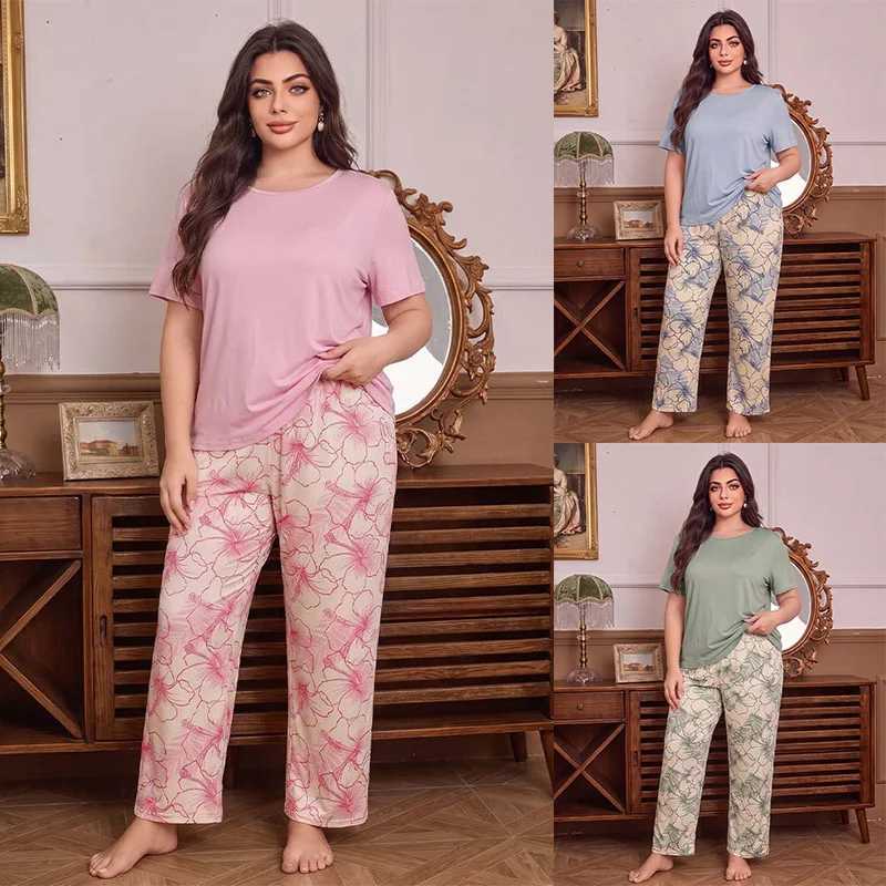 Women's Sleep Lounge PLUS Women's New Style Pajamas Short Sleeve Trousers Elegant Casual Two-piece Solid Color Home Wear H260924