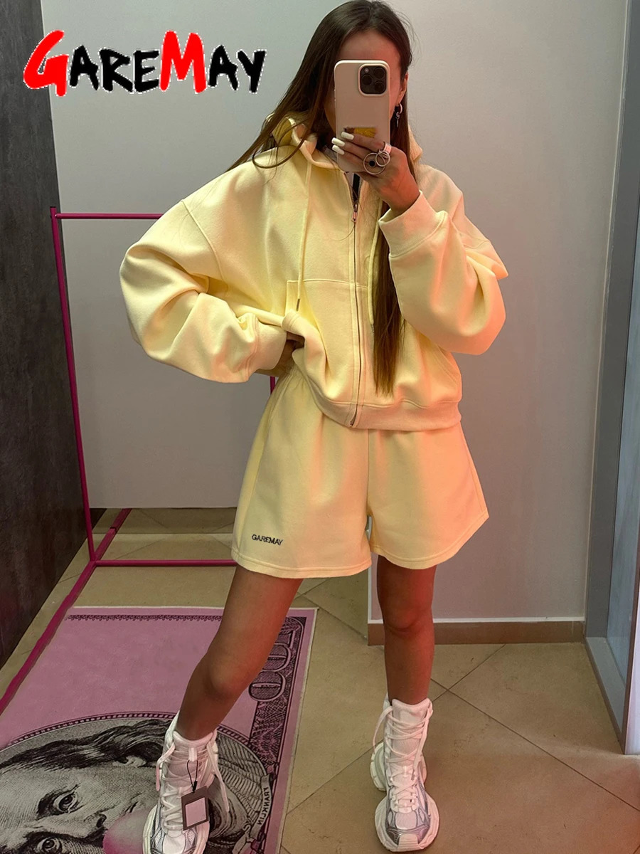Womens Summer Tracksuit with Shorts Zipper Cotton Oversize Top and Two Piece Set Casual Sports Yellow Suit for Women 260923