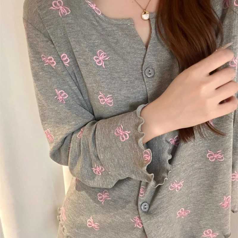 Women's Sleep Lounge Ice-Silk Ribbed Long-Sleeve Top and Long Pants Pajamas for Womencute Fall Bow Korean-Style Loose-Fit Casual Loungewear Set