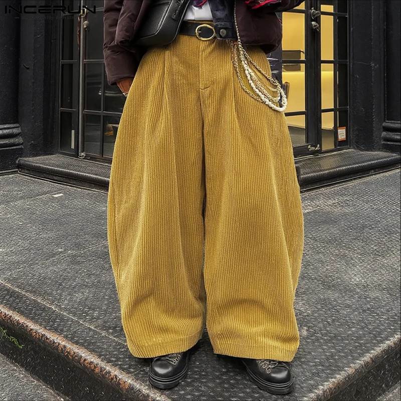INCERUN Men Corduroy Pants Solid Color Button Joggers Loose Wide Leg Trousers Men Streetwear Fashion Casual Male Long Pants 260923
