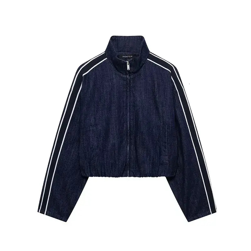 Women Short casual Jacket Willshela Womens Fashion Denim Blue Striped Front Zipper Jacket Retro High Collar Long Sleeve Clothing Ladies Cropped Coat