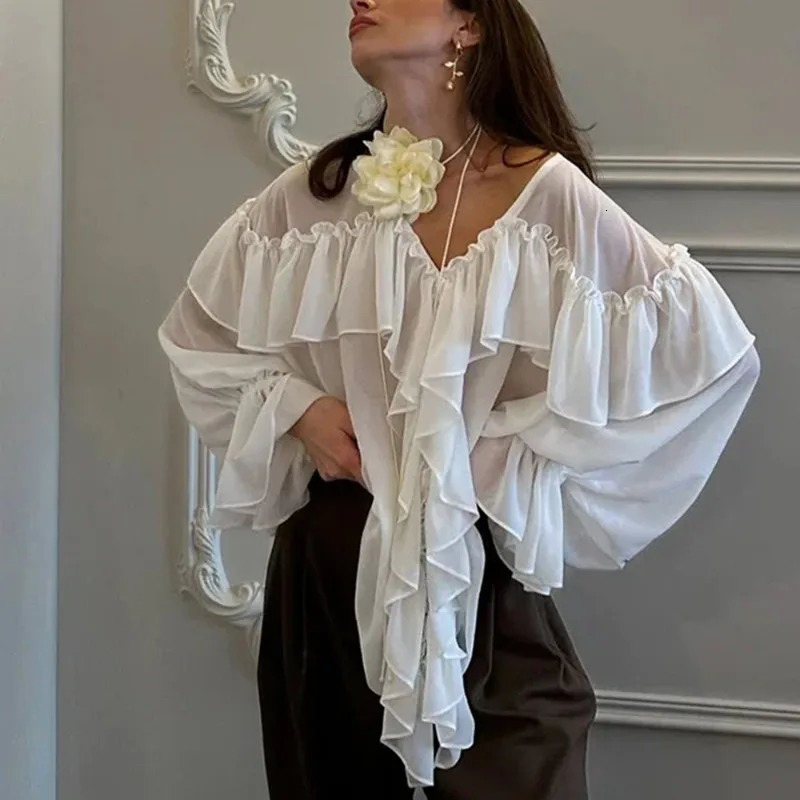 Talenza White Chiffon Shirt Women's Summer V-Neck Sexy See Through Shirt Beach Blouse Fashion Ruffle Patchwork Female Blouse Top 260923