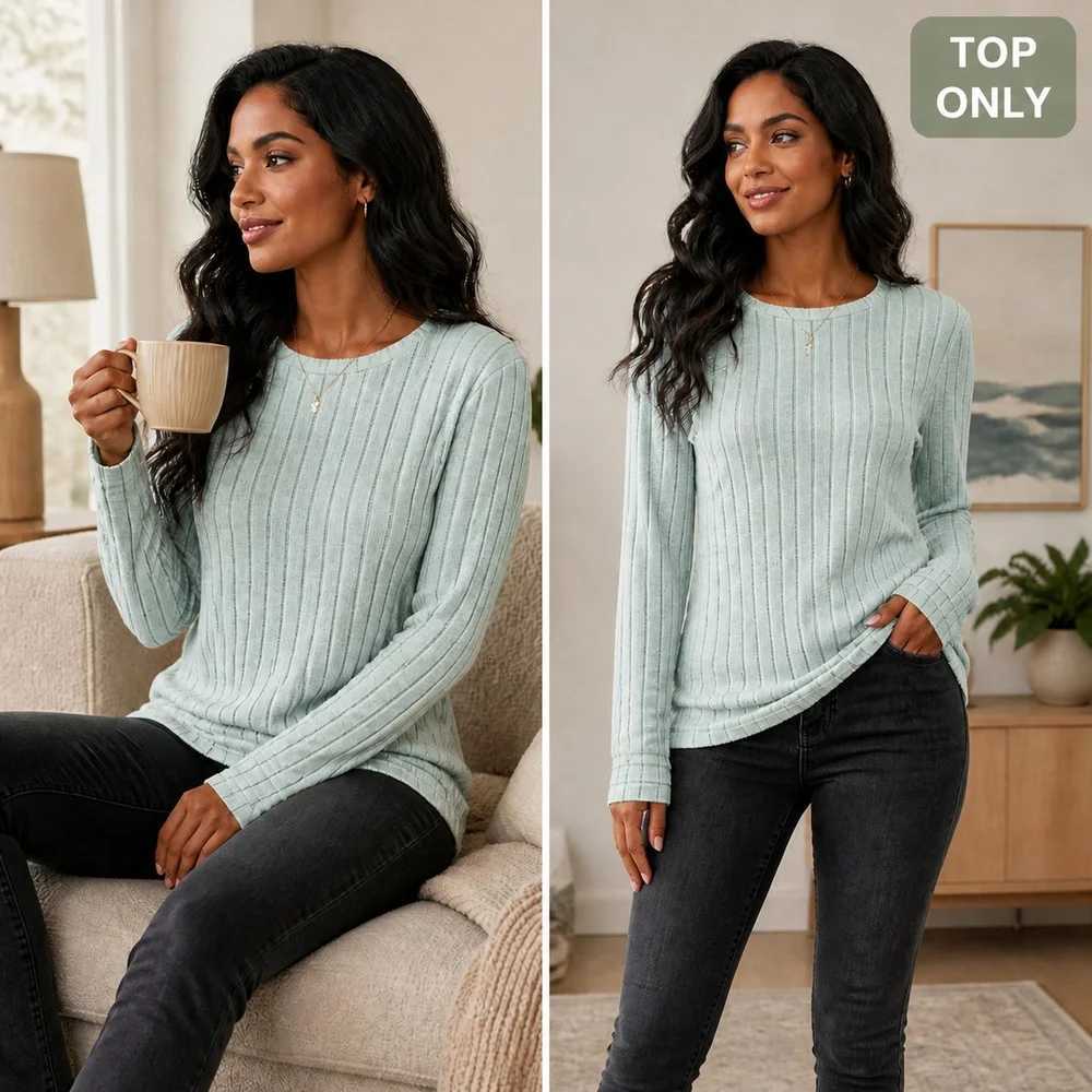 Women's Sleep Lounge Single Piece Autumn and Winter Women's Long-Sleeved Top Simple Solid Color Comfortable and Versatile Ribbed Long-Slee