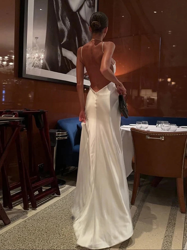 Elegant Satin Slip Dress Women Casual Solid V-neck High Slit Backless Female Dresses Spring Summer Chic Lady Robe Beach 260923