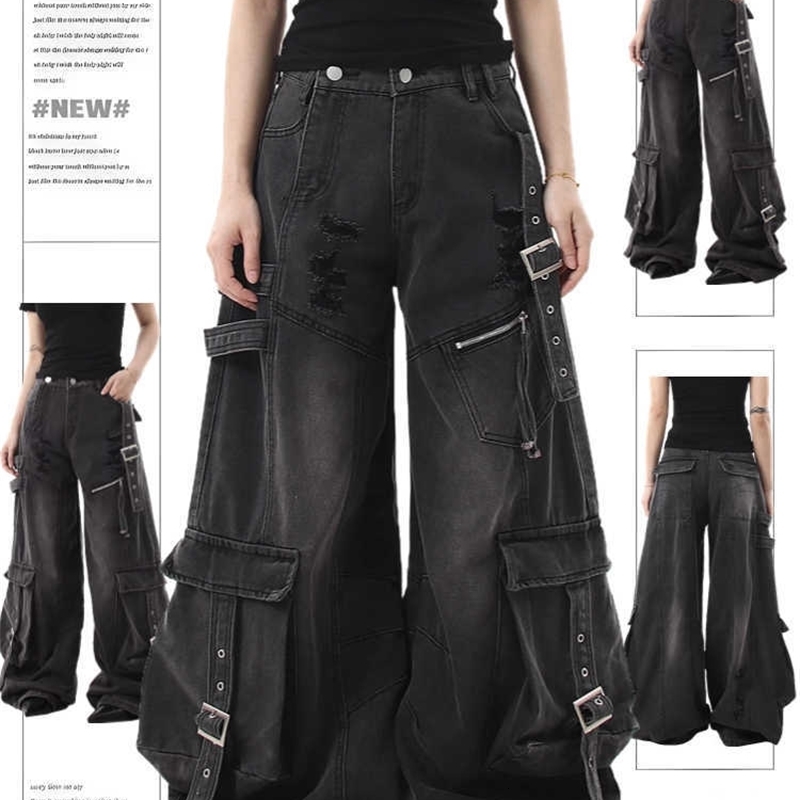 Women's Black Gothic Y2k Cargo Jeans Harajuku Japanese 2000s Style Oversize Emo Denim Trousers Vintage Baggy Jean Pants Clothes 260921