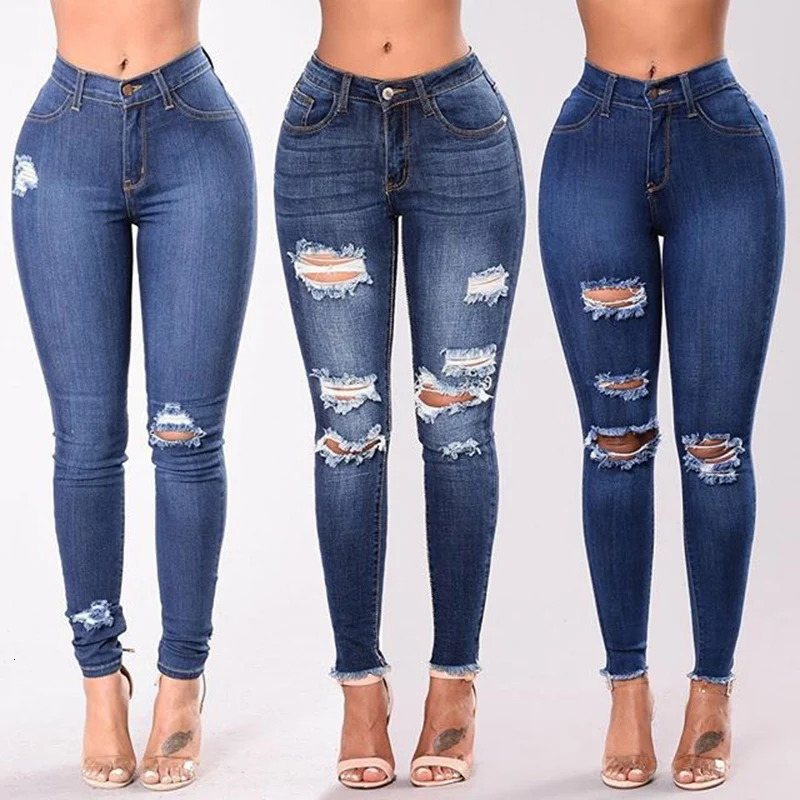 Women Stretch Skinny Ripped Jeans Lady High Waist Pencil Long Pants Narrow Straight Leg Wrap Hips Plus Size S-3XL Trousers 260922