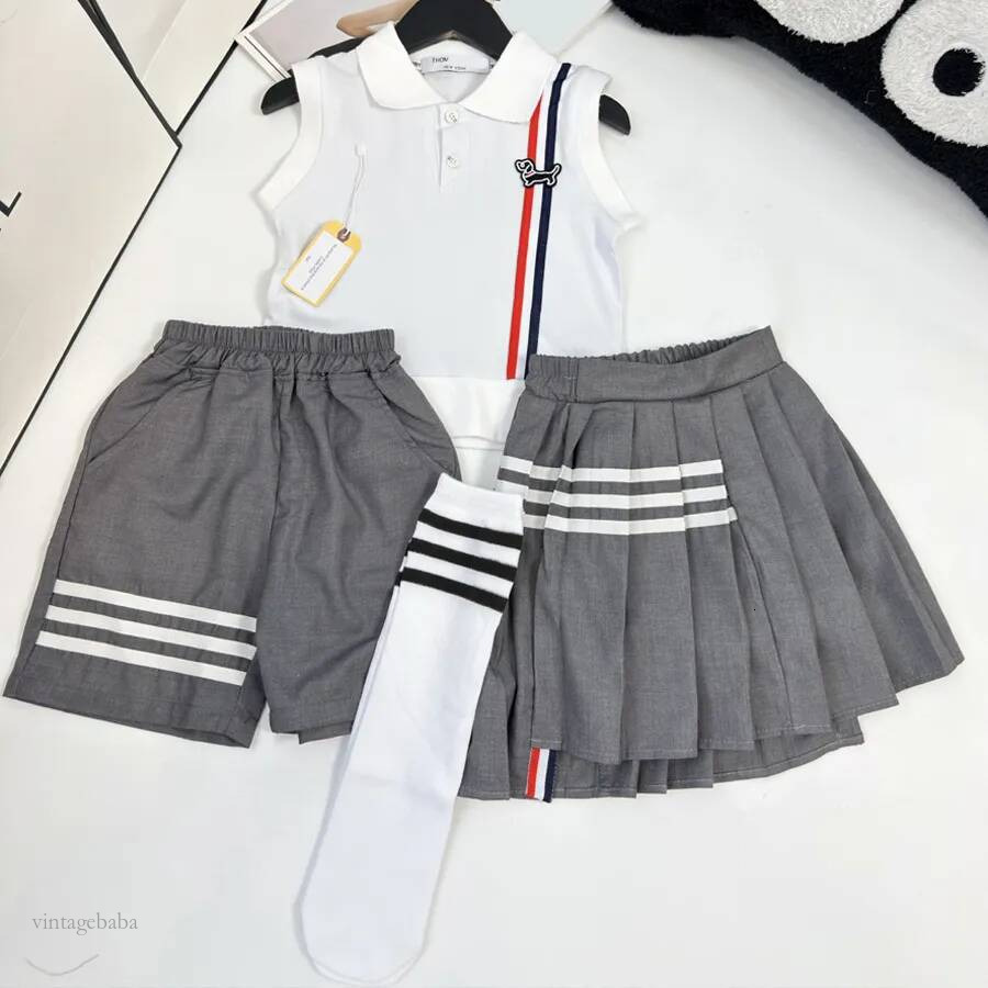 Designer Kids Clothes Boy Girl Matching Outfits 3Pcs Set Toddler Cotton Sleeveless Polo Shorts Skirt with Socks Summer Children Casual School Clothe