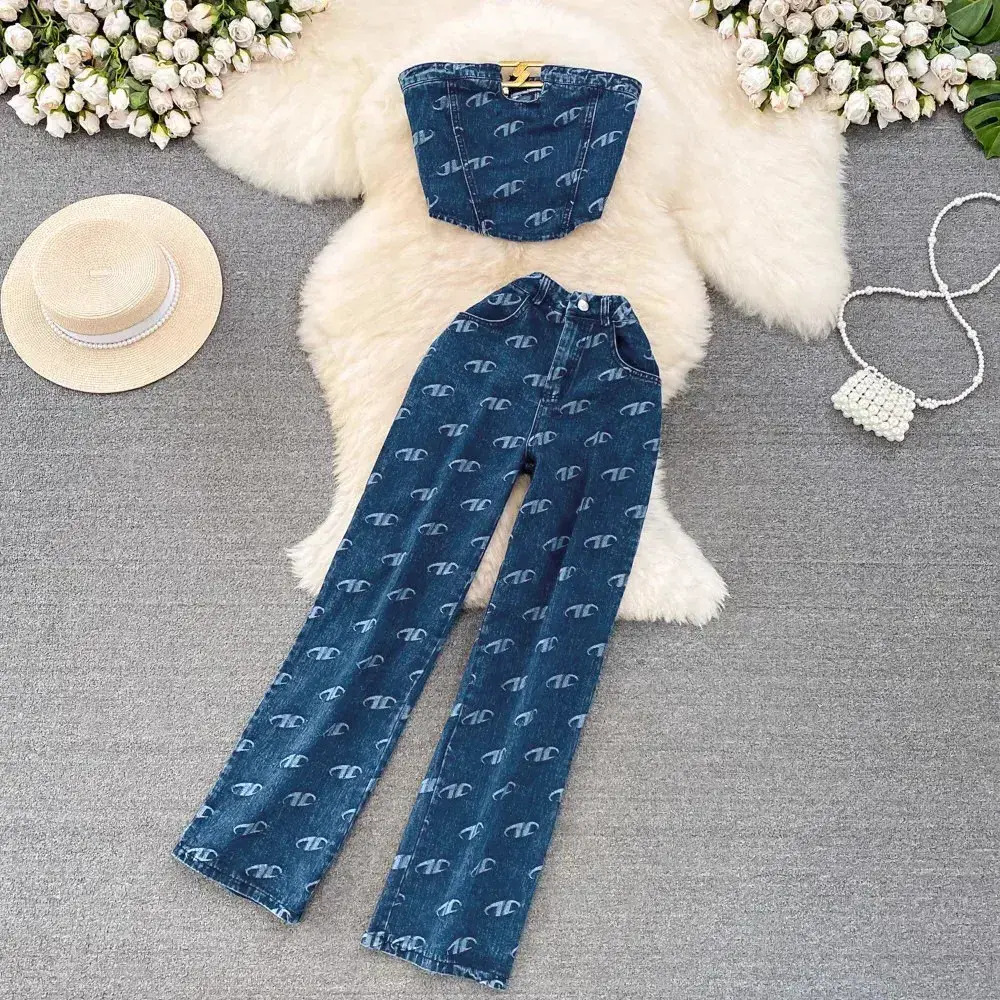 Women Two Piece Pant Set Womens Fashion Suit top and set Retro American Style Chesttop Denim Vest Twopieces Sets Casual Highwaisted Slimming