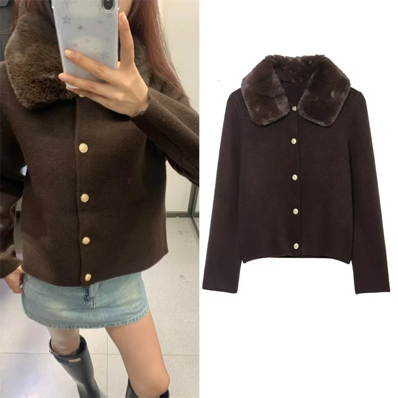Women's Jacket Autumn Style Dark Brown Long-Sleeve Faux Fur Collar Knit Cardigan Jacket Stylish and Elegant 260923