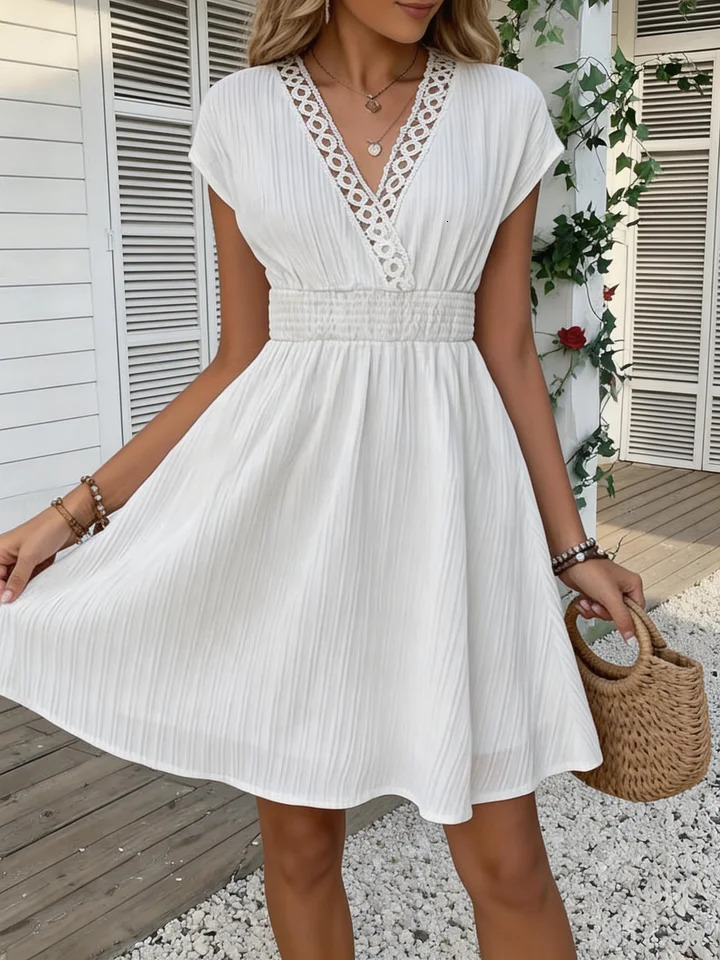French Lace V-neck Fitted Dress with Waistline and Short Puff Sleeves. Striped Texture Short Skirt with Vertical Lines. Beach-st 260922