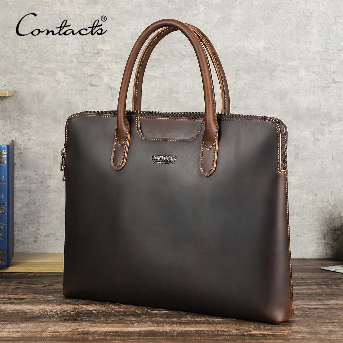 Briefcases CONTACT'S Genuine Leather Men Business Bag Leather Briefcase Tote Laptop Bags High Quality Men's Bag Handbag for 14.2" Mac