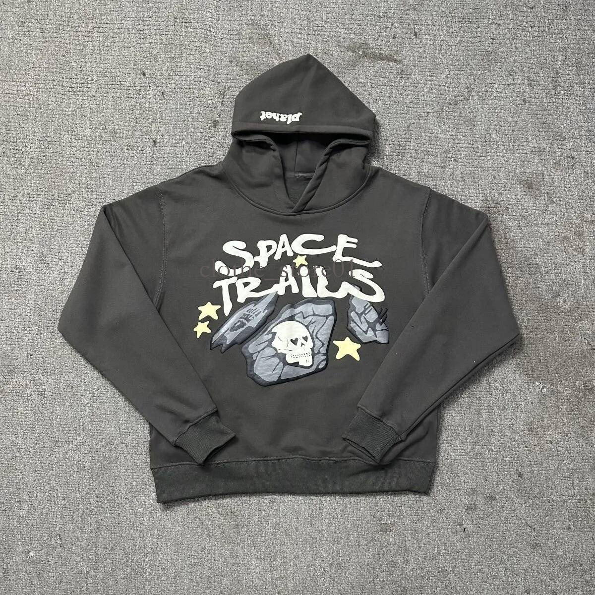 Plaent Designer Cosmic Theme Printed Hooded Sweatshirt For Men Dark Grey Oversized Pullover Hoodie With Four Pointed Star Decor Leisure Plantets Hoo