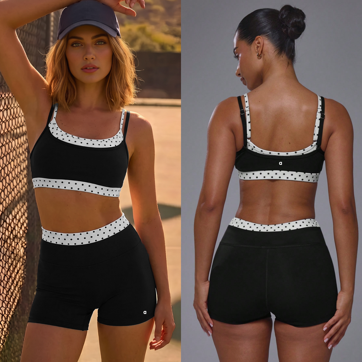 A3022 Women's Contrasting-Color Polka-Dot Yoga Outfit Halter-Neck Spaghetti-Strap Faux Two-Piece Back-Exposing Fitness Tank Top Set