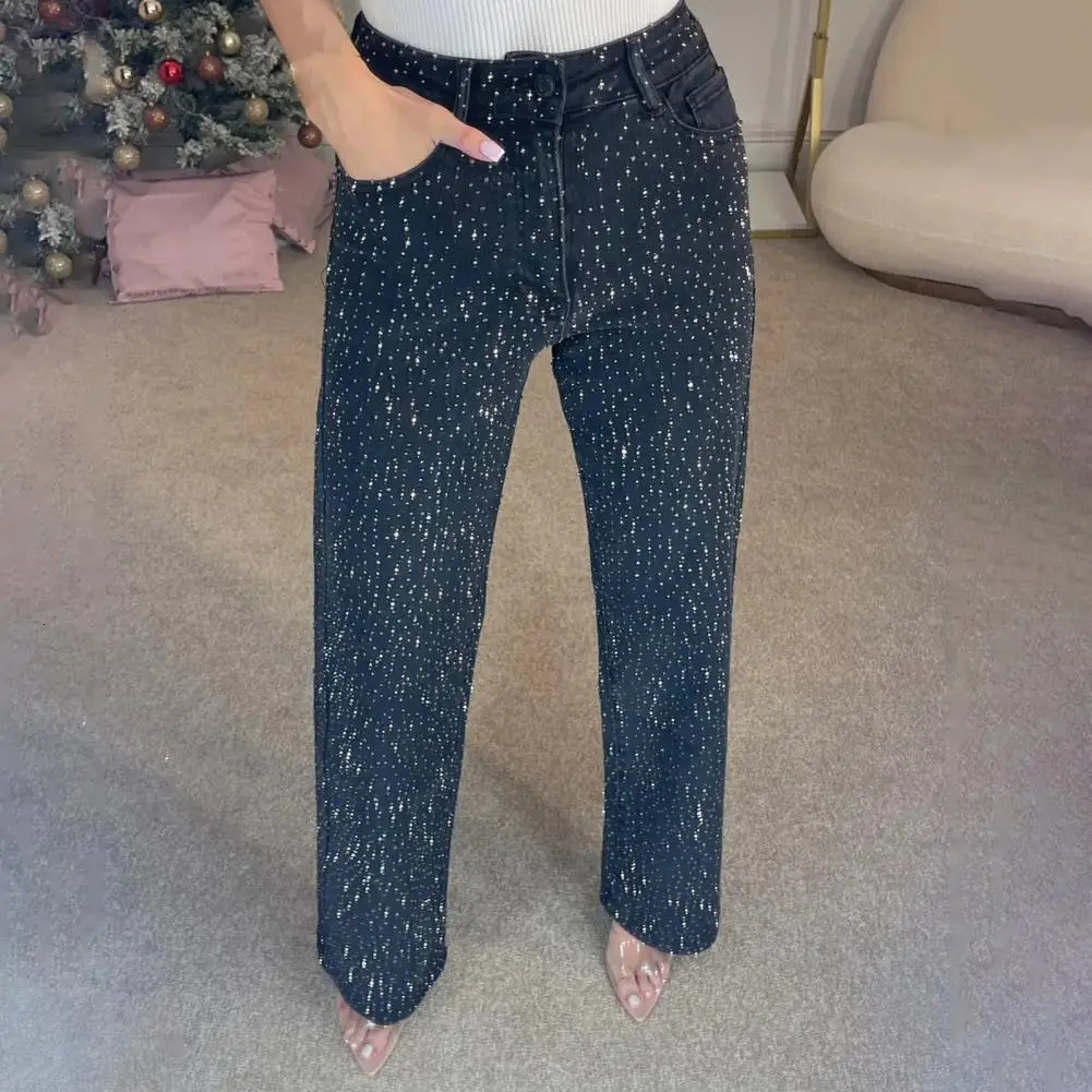 Faux Pearl Jeans for Women High Waist Straight Leg Stretch Denim Pants Casual Wide Beaded Baggy Fashion Streetwear 260928