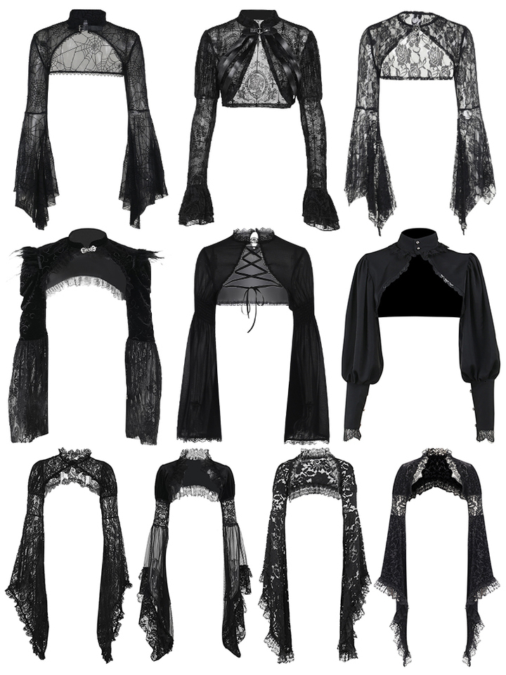 Black Lace Mesh Hollow out Sexy Girl Coat Punk Street Style Bell Sleeve Top Women's Gothic Wind Outerwear Short Length Shirt