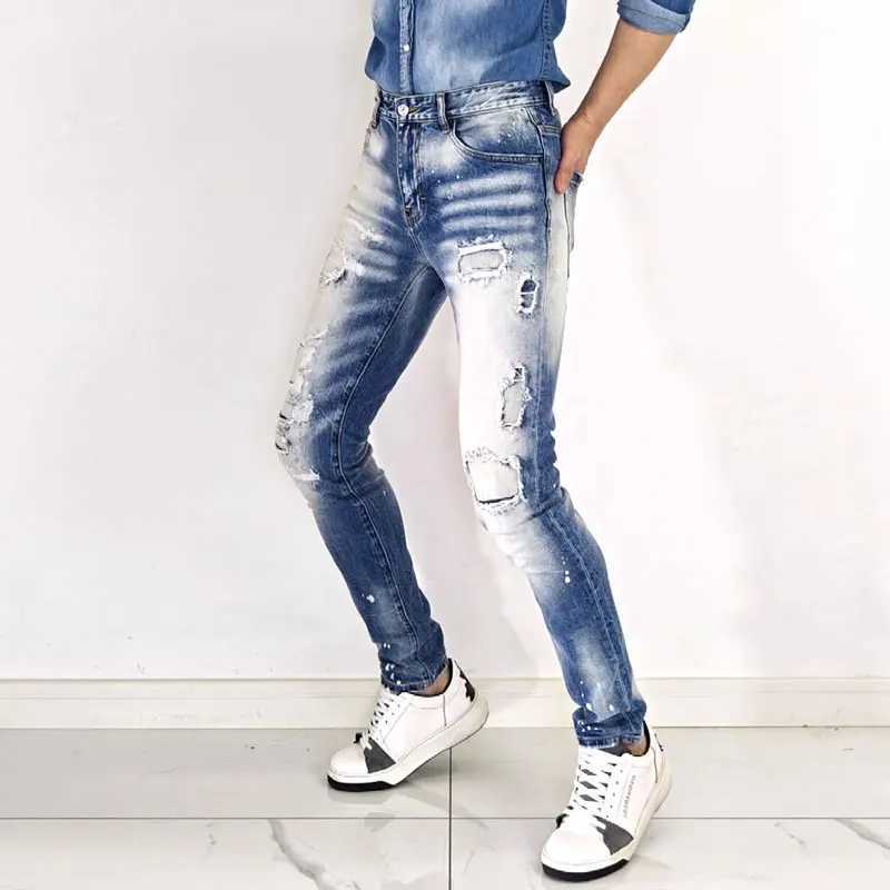 Fashionable new men's jeans washed and worn vintage elastic slim fit blue pants hip-hop brand pants Y2K S260924AYUB