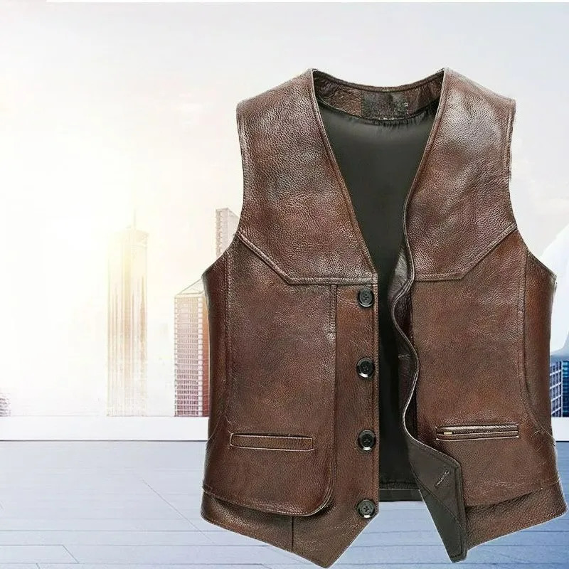 Middleaged Elderly Men's Genuine Leather Vest Multipocket Top Layer Cowhide Retro Fitted Waistcoat Style Wide Shoulder Autumn 260910