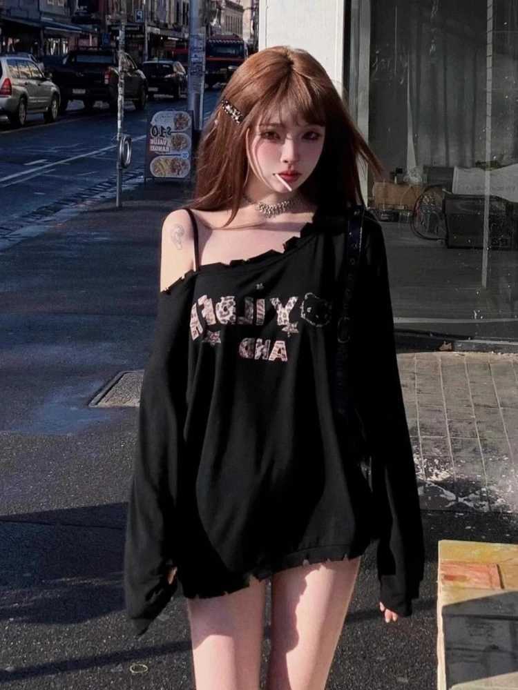 Y2k Aesthetic Letter PrintHoodie Women Casual Loose Slash Neck Hole Harajuku Hoody Autumn Grunge Blk Sweatshirts T260923