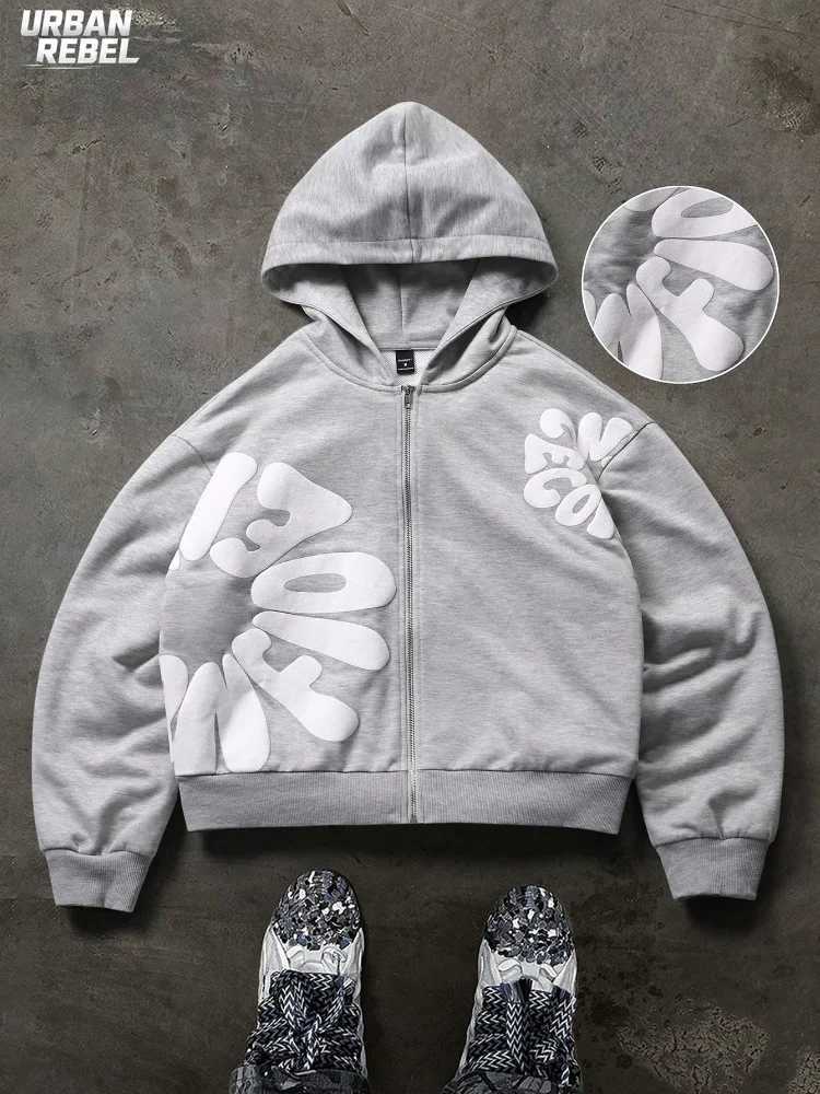 New Men's Casual Y2k Hip Hop Foam Letter Bule Print Graphic Zip-Up Hoodie Sweatshirt Autumn Cardigan Streetwear Outerwear Tops T260923