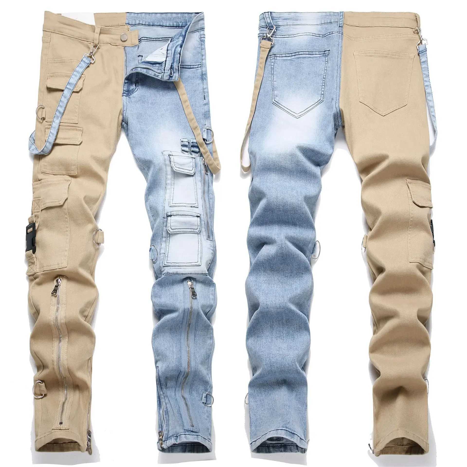 Men Jeans Long Pant Denim Pencil Pants Pockets Splice Zipper Slim Fit High Waist Regular Casual Straight Trousers Autumn Winter S2609249PPD