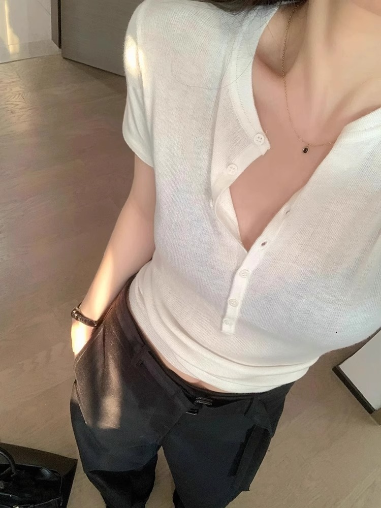 Ladies' Ice Silk Knitted Short Sleeve V-Neck T-Shirt Slim Fit Summer Commute Style Korean Fashion Casual Inner Wear Top