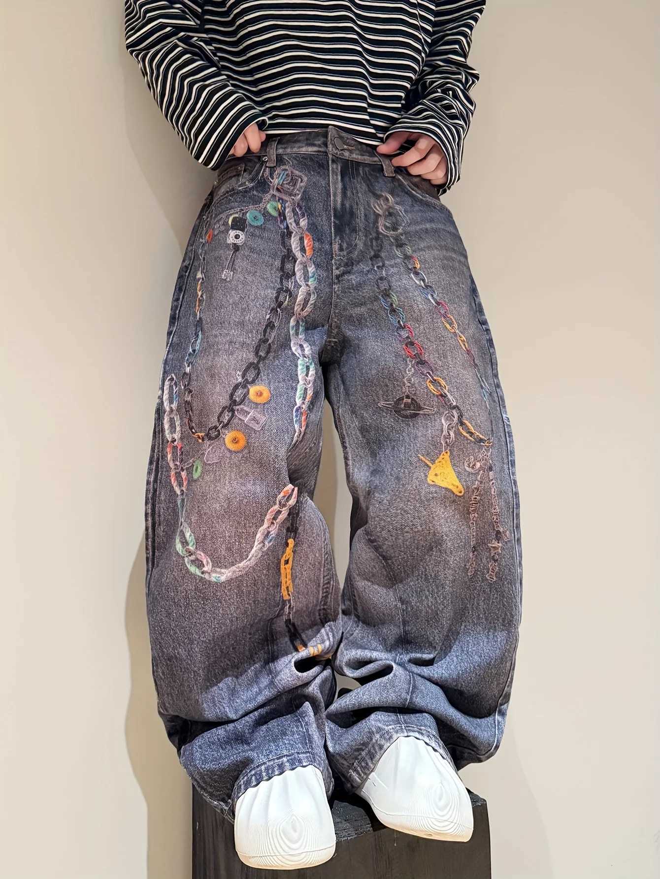 Men's Y2K Streetwear Jeans Chain Print Baggy Wide Pants For Men Versatile Loose-Fitting Casual Denim Trousers All Seasons S260924QLUP