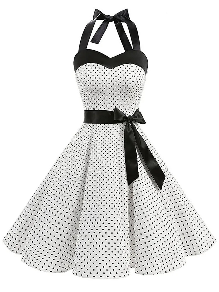 Women Polka Dot Print Summer Dress Sexy Retro White Halter Vintage Dress Robe Femme Pin Up Rockabilly Party Dress 260922