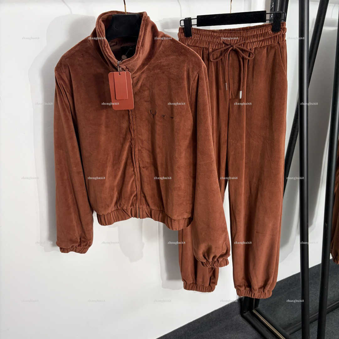 Fashion Velour 2 Piece Tracksuit Stand Collar Cropped Jacket Embroidered Logo Drawstring Jogger Pants women designer clothes Leisure home set X16