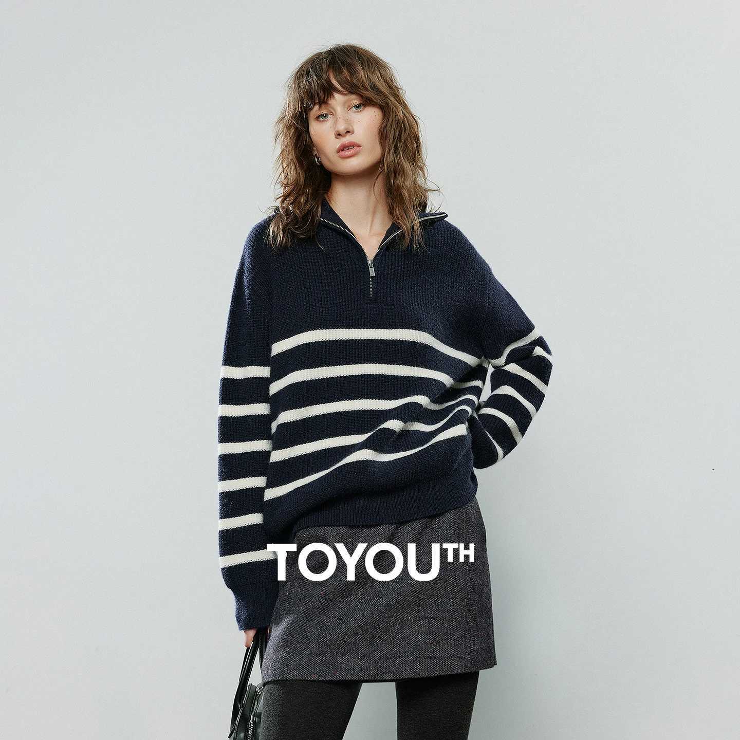 Women's Sweaters TOYOUTH Women Sweaters 2025 Winter NewAsymmetric Classic Stripe Zipper Lapel Thick Warm Slimming Knit Top H260923