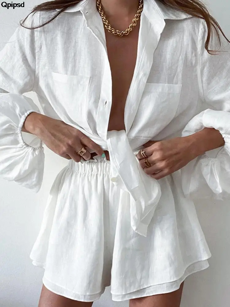 Women Casual Shirt Shorts Two Piece Summer Fashion Personality Long Sleeved Shirt Loose Shorts Lady Simple Solid Color Suit 260923