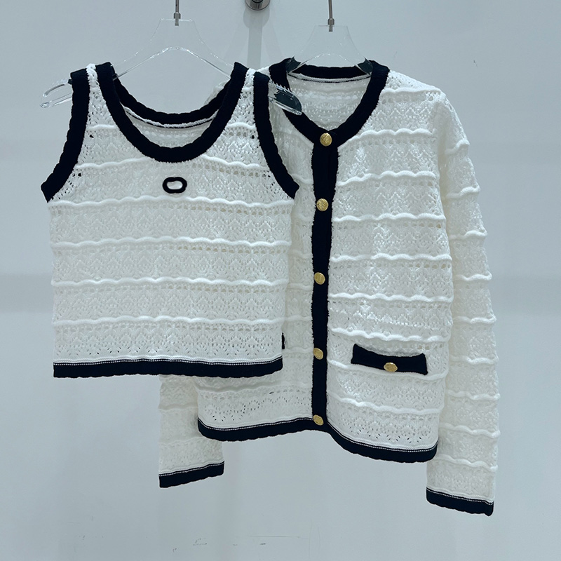 Designer Women Elegant Knitted Vest Cardigan Set Hollow Out Singlet Long Sleeve Coat Daily Date Dinner Knit Top Set