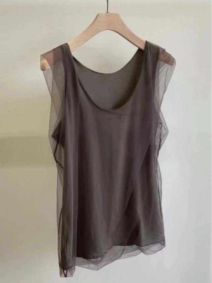 Quality Women's Summer 2024 Sleeveless Cotton Linen Mesh Vest Top Color Brown High Yarn Commute Style Korean Version Str...