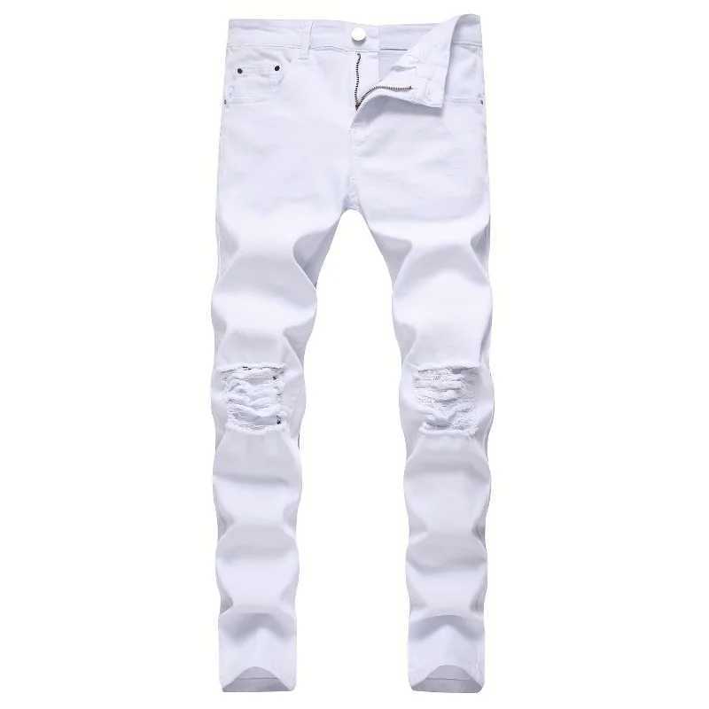 Skinny Stretch Ripped Jeans Men's Distressed Kpop Slim Fit Denim Pants American Street Style Rock Hip Hop White Black Trousers S260924JOQI
