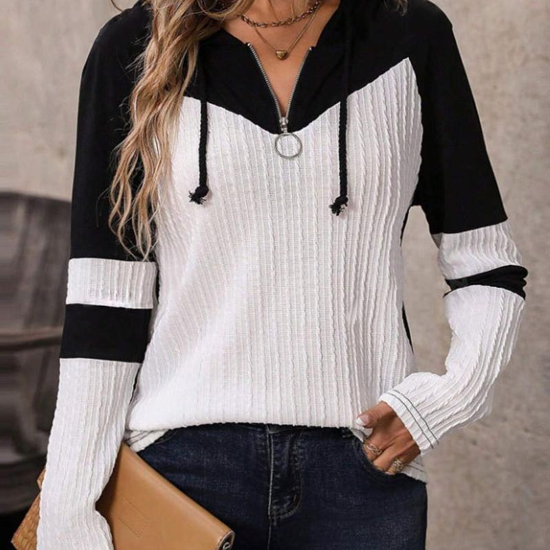 Top en tricot à capuche pour femmes, best-seller de styliste, fermeture éclair sur le devant, manches longues, bloc de couleurs, coupe ample, élé