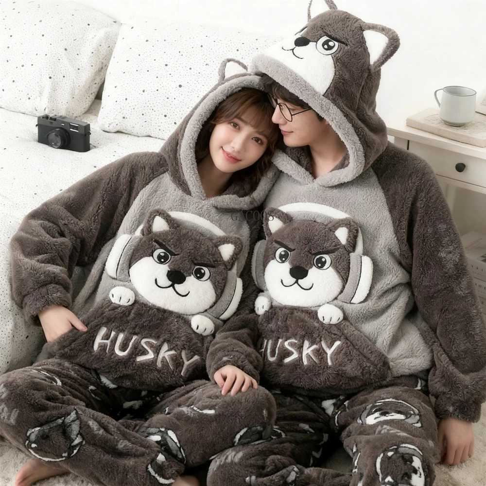 Lounge Women's Sleep New 2026 Couple Pajamas Set Women's Thickened Fleece-lined Coral Velvet Men Sleepwear For Winter Cute Cat HomewearC26