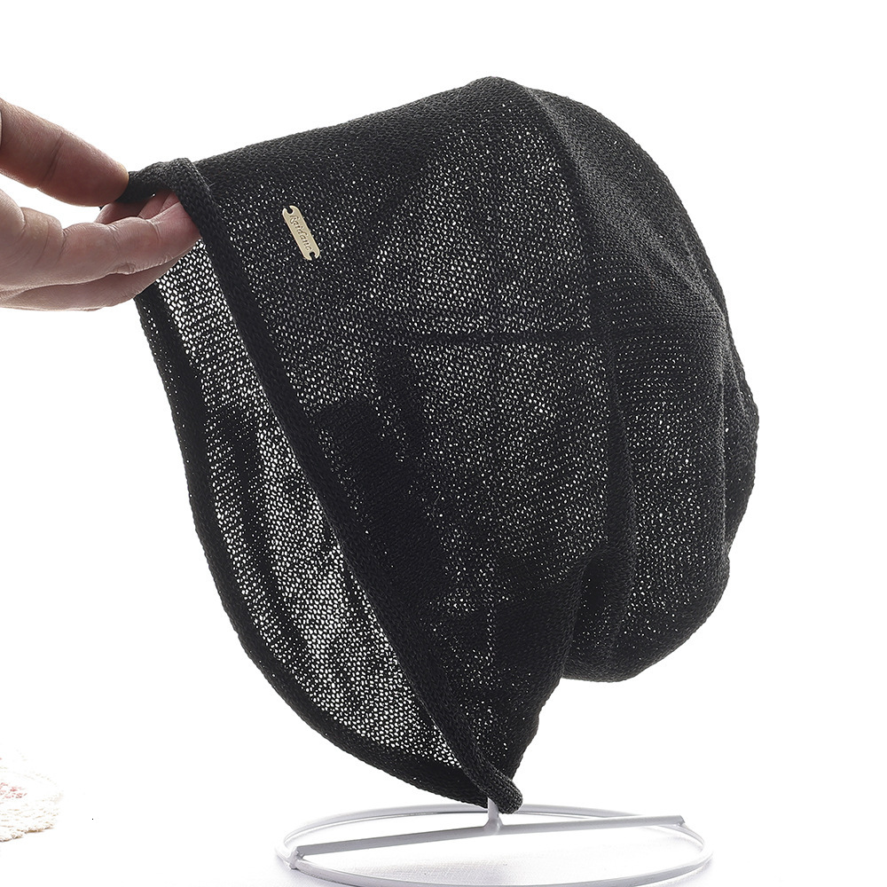Women Summer Hollow Mesh Knit Slouchy Beanie, Light Breathable Thin Soft Skull Cap With Metal Label For Daily Travel Outdoor