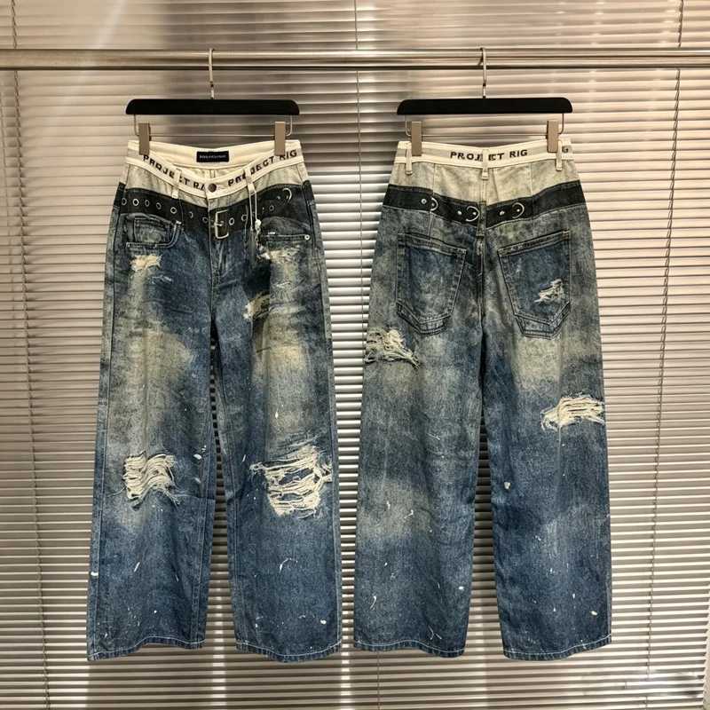 Fake Two Pieces 3D Double Waist Print Project G/R Hole Damaged Jeans Men Women Washed Loose Straight High Street Pants Trousers S260924J2S5